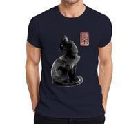 Camiseta japonesa de la caligrafía Kanji Gato Negro Hombres, azul marino, L