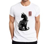 Camiseta japonesa de la caligrafía Kanji Gato Negro Hombres, Blanco, XL