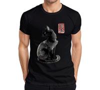 Camiseta japonesa de la caligrafía Kanji Gato Negro Hombres, Negro , 3XL