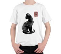 Camiseta japonesa de la caligrafía Kanji Gato Negro Niños, Blanco, 152