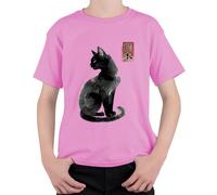 Camiseta japonesa de la caligrafía Kanji Gato Negro Niños, Rosa., 140