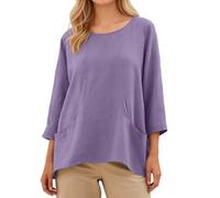 Camiseta Larga Mujer Camiseta Holgada de Lino para Mujer con Cuello Redondo y Mangas para un Estilo Casual Cómodo (Purple, L)