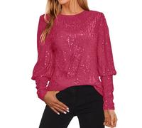 Camiseta Lentejuelas Navidad o Año Nuevo Blusa Flexibilización Elegante Mujer Fiesta Top Cuello Redondo Brillo Mujeres Festival Camisa Adulto Boda Vistoso Camisetas Basicas Manga Larga