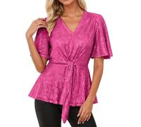 Camiseta Lentejuelas-Ropa Mujer Nochevieja,Blusa Tipo Camiseta con Escote En V, Manga Corta Acampanada, Cuello con Brillo Y Lazo Al Frente, Ideal para Uso Diario, Tanto para Ocasiones