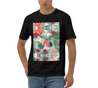 Camiseta ligera informal para hombre, diseño de hojas de vegetación con flores de hibisco, tela elástica suave, manga corta, ajuste moderno, cómoda, Negro, 3XL