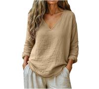 Camiseta Lino Mujer Color Liso Cuello En V Manga Larga - Moda Mujer 2026 Adecuado para Primavera Y Verano, Blusa Chic Cómodos Camisa Anchos Calle Único Caqui L