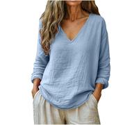 Camiseta Lino Mujer Color Liso Cuello En V Manga Larga - Ropa Mujer Primavera Verano, Top Classic Cómodos Camiseta Anchos Glamour Chic Azul M