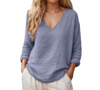 Camiseta Lino Mujer Color Liso Manga Larga Cuello En V - Moda Mujer 2026 Primavera Verano, Blusa Casual Basica Calle Camiseta Anchos Vintage Único Elegante B523