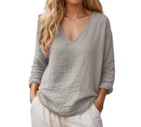Camiseta Lino Mujer Color Liso Manga Larga Cuello En V - Moda Mujer 2026 Primavera Verano, Blusa Casual Basica Calle Camiseta Anchos Vintage Único Elegante B523
