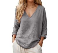 Camiseta Lino Mujer Color Liso Manga Larga Cuello En V - Moda Mujer 2026 Primavera Verano, Blusa Casual Basica Calle Camiseta Anchos Vintage ÚNico Elegante Jersey De Manga Larga