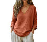 Camiseta Lino Mujer Manga Larga Cuello En V Color Liso - Ropa Mujer 2026 Primavera Verano, Top Calle Classic Camisa Anchos Descanso Cómodos Marrón Claro XXL