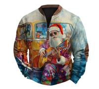 Camiseta lisa de manga larga de forro polar sin capucha para hombre, casual, a la moda, holgada, con estampado de Papá Noel 3D, cremallera, manga larga, sudadera con capucha de moda para el trabajo al
