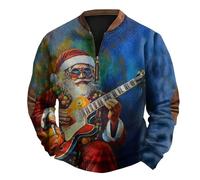 Camiseta lisa de manga larga de forro polar sin capucha para hombre, casual, a la moda, holgada, con estampado de Papá Noel 3D, cremallera, manga larga, sudadera con capucha de moda para el trabajo al