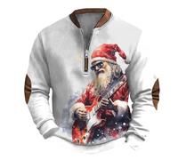Camiseta lisa de manga larga de forro polar sin capucha para hombre, casual, a la moda, holgada, con estampado de Papá Noel 3D, cremallera, manga larga, sudadera con capucha de moda para el trabajo al