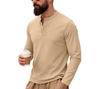 Camiseta Lisa para Hombre Men's Long Sleeve Henley Shirts Spring Autumn Daily Casual Solid Color Pullover Tops Mens Fashion T Shirt(Khaki,L)