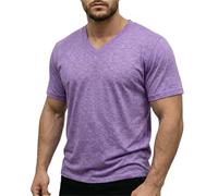 Camiseta Lisa para Hombre Men's Solid Color V-Neck Short Sleeve T-Shirt Slim Fit Casual Summer Elastic Cotton tee(Purple,L)