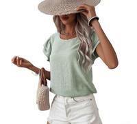 Camiseta lisa para mujer, cuello redondo, doble capa, con volantes, manga acampanada, verano, playa, vacaciones, casual, tallas S-XXL (verde S)
