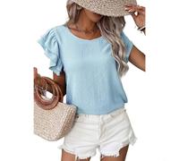 Camiseta lisa para mujer, cuello redondo, doble capa, con volantes, manga acampanada, verano, playa, vacaciones, casual, tallas S-XXL (azul S)
