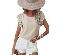 Camiseta lisa para mujer, cuello redondo, doble capa, con volantes, manga acampanada, verano, playa, vacaciones, casual, tallas S-XXL (albaricoque L)