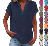 Camiseta Manga Corta Mujer Algodón y Lino Verano Blusas Basicas Tallas Grandes Suelto Ropa Mujer Verano 2025 Camiseta Cuello V Casual Básica T Shirts Ofertas Flash del Dia(Marina de Guerra,M)