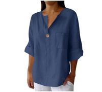 Camiseta Manga Corta Mujer Algodón y Lino Verano Blusas Manga 3/4 Basicas Básica Ropa Mujer Verano 2025 Camisetas Cuello V Deportiva Casual T Shirts Ofertas Flash del Dia(Marina de Guerra,L)