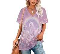 Camiseta Manga Corta Mujer Caballo Blanco De Ensueño Cuello en V Tops Mujer Verano Estilo De Cuento De Hadas Básicas Suelto Tshirt Casual Túnica Tops Ligera y Cómoda para Uso Diario