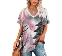 Camiseta Manga Corta Mujer Estilo Zen Japonés T-Shirt Cuello V Verano Camisetas Basicas Pagoda De Los Cerezos En Flor Holgado y Cómodo Ligero y Transpirable Ideal para Uso Diario