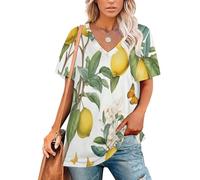 Camiseta Manga Corta Mujer Ramas De Limonero En Flor En Acuarela Básica Top Cuello en V Fruta Retro Blusa Camisas Suelta Informal Pullover tee Shirts Ligero Túnica