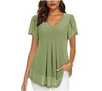 Camiseta Manga Corta Mujer Verano 2023 Moda Gasa Color sólido Camisa Volantes Blusa Cuello en V Plisada Camiseta Elegant Suelto Basic Tops Casual Fiesta Cómodo T-Shirt Original tee Playa