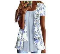 Camiseta Manga Corta Mujer Verano 2023 Moda Impresión Floral Camisa Volantes Blusa Cuello Redondo Plisada Camiseta Elegant Suelto Tops Casual Fiesta T-Shirt Original tee Playa Talla Grande