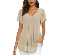 Camiseta Manga Corta Mujer Verano 2026 Moda Gasa Color sólido Camisa Volantes Blusa Cuello en V Plisada Camiseta Elegant Suelto Basic Tops Casual Fiesta Cómodo T-Shirt Original tee Playa