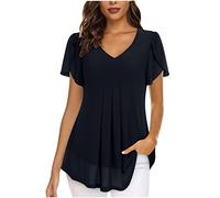 Camiseta Manga Corta Mujer Verano 2026 Moda Gasa Color sólido Camisa Volantes Blusa Cuello en V Plisada Camiseta Elegant Suelto Basic Tops Casual Fiesta Cómodo T-Shirt Original tee Playa
