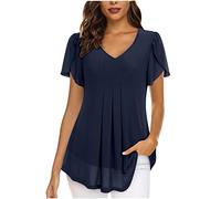 Camiseta Manga Corta Mujer Verano 2026 Moda Gasa Color sólido Camisa Volantes Blusa Cuello en V Plisada Camiseta Elegant Suelto Basic Tops Casual Fiesta Cómodo T-Shirt Original tee Playa
