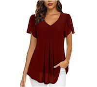 Camiseta Manga Corta Mujer Verano 2026 Moda Gasa Color sólido Camisa Volantes Blusa Cuello en V Plisada Camiseta Elegant Suelto Basic Tops Casual Fiesta Cómodo T-Shirt Original tee Playa