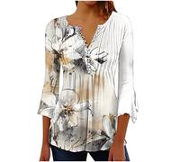 Camiseta Manga Corta Mujer Verano 2026 Moda Impresión Camisa 3/4 Manga Blusa Cuello en V Botones Plisada Camiseta Elegant Suelto Tops Casual Fiesta Cómodo T-Shirt Original tee Playa