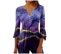 Camiseta Manga Corta Mujer Verano 2026 Moda Impresión Camisa 3/4 Manga Blusa Cuello en V Botones Plisada Camiseta Elegant Suelto Tops Casual Fiesta Cómodo T-Shirt Original tee Playa