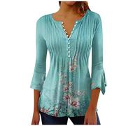 Camiseta Manga Corta Mujer Verano 2026 Moda Impresión Camisa 3/4 Manga Blusa Cuello en V Botones Plisada Camiseta Elegant Suelto Tops Casual Fiesta Cómodo T-Shirt Original tee Playa