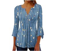 Camiseta Manga Corta Mujer Verano 2026 Moda Impresión Camisa 3/4 Manga Blusa Cuello en V Botones Plisada Camiseta Elegant Suelto Tops Casual Fiesta Cómodo T-Shirt Original tee Playa