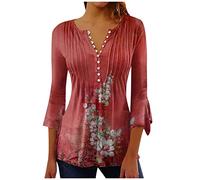 Camiseta Manga Corta Mujer Verano 2026 Moda Impresión Camisa 3/4 Manga Blusa Cuello en V Botones Plisada Camiseta Elegant Suelto Tops Casual Fiesta Cómodo T-Shirt Original tee Playa