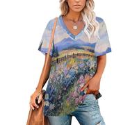 Camiseta Manga Corta Mujer Verano Estilo Impresionista Camiseta Cuello en V Campo De Flores Silvestres Top Cómodo y Moderno Pullover Tunica Casual Ligera para Diario y Oficina