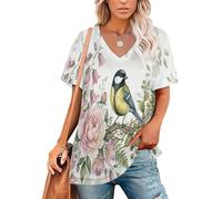 Camiseta Manga Corta Mujer Verano Realismo En Acuarela Camiseta Cuello en V Pájaros Posados Entre Las Flores Top Cómodo y Moderno Pullover Tunica Casual Ligera para Diario y Oficina