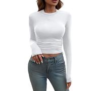 Camiseta Manga Corta Mujer,Women's Long Sleeve Shirts Crew Neck Slim Fit Going out Tops Basic Tees Barely There Camisa Vaquera (White, XL),