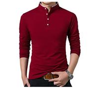 Camiseta Manga Larga Hombre Slim Fit Stand-Up Collar Camiseta Causal Hombres Primavera Otoño Botón Placket Base Shirt Hombres Clásico Negocio Cómodo Color Sólido Camiseta Hombres C-Red XL