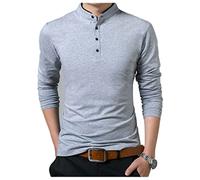 Camiseta Manga Larga Hombre Slim Fit Stand-Up Collar Camiseta Causal Hombres Primavera Otoño Botón Placket Base Shirt Hombres Clásico Negocio Cómodo Color Sólido Camiseta Hombres E-Grey L