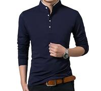 Camiseta Manga Larga Hombre Slim Fit Stand-Up Collar Camiseta Causal Hombres Primavera Otoño Botón Placket Base Shirt Hombres Clásico Negocio Cómodo Color Sólido Camiseta Hombres A-Navy L