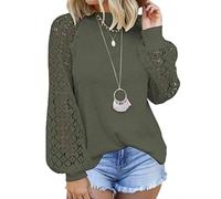 Camiseta Manga Larga Mujer Blusa de Encaje T-Shirt Cuello Redondo Top Túnica Casual Camisas Elegant Tops de Colores Sólidos para Mujeres