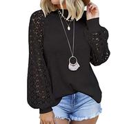Camiseta Manga Larga Mujer Blusa de Encaje T-Shirt Cuello Redondo Top Túnica Casual Camisas Elegant Tops de Colores Sólidos para Mujeres