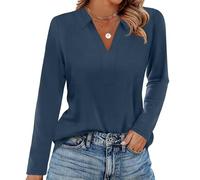 Camiseta Manga Larga Mujer Cuello en V Deporte Elegante Blusas Mujer Patchwork Top Invierno Fiesta Ropa Otoño Cuello en V Colores Lisos Sencillo Slim Fit Navidad 2#Marina de Guerra L 2025