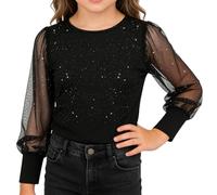 Camiseta Manga Larga Niña Transparente Brillante Tul Purpurina Camisetas Cuello Redondo Lentejuelas Blusas Ligera Cómoda Fiesta Cumpleaños Disfraces Vacaciones Verano Otoño Danza 4-14 Años, Azul