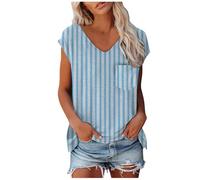 Camiseta Mangas Corta para Mujer Cuello de Pico Elegante Rayas Verticales Estampadas Camisetas de Verano Suaves Cómodas de Manga Corta Informal Holgada Camiseta con Bolsillo